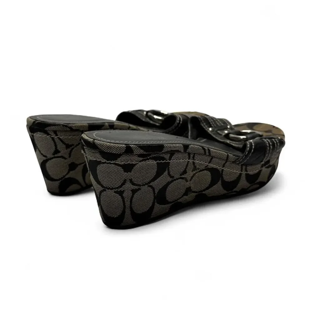 Coach Janessa sig wedge sandals with black and beige monogram pattern size 7.5